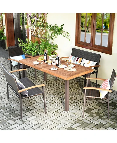 Gymax 5PCS Patio Rattan Dining Set Acacia Wood Tabletop Stackable Chair Bench