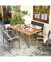 Gymax 5PCS Patio Rattan Dining Set Acacia Wood Tabletop Stackable Chair Bench