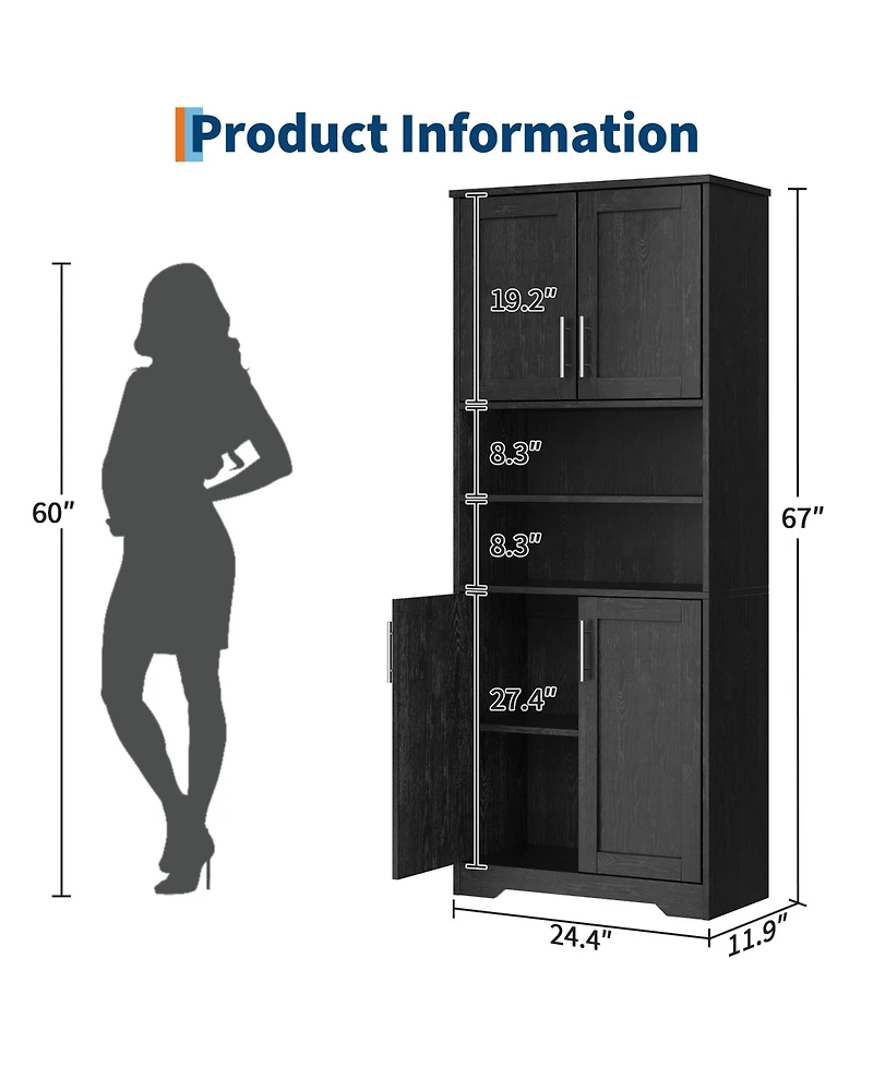 homfan 67" Tall Bathroom Cabinet, Freestanding Wooden Storage with 4 Doors, 2 Open Compartments, Adjustable Shelves, Microwave Stand