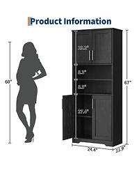 homfan 67" Tall Bathroom Cabinet, Freestanding Wooden Storage with 4 Doors, 2 Open Compartments, Adjustable Shelves, Microwave Stand