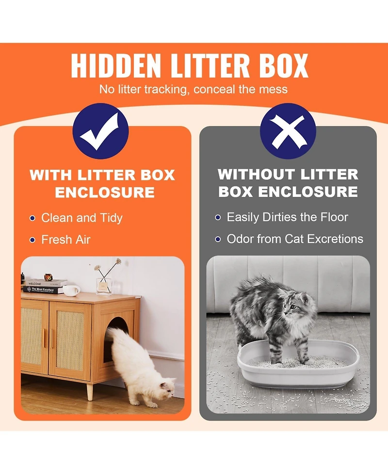 Gouun Cat Litter Box Enclosure for 2 Cats, Litter Box Furniture Hidden with Rattan Decorated Doors, Wooden Cat Box Cabinet Fit Most of Litter Box