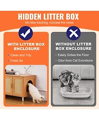 Gouun Cat Litter Box Enclosure for 2 Cats, Litter Box Furniture Hidden with Rattan Decorated Doors, Wooden Cat Box Cabinet Fit Most of Litter Box