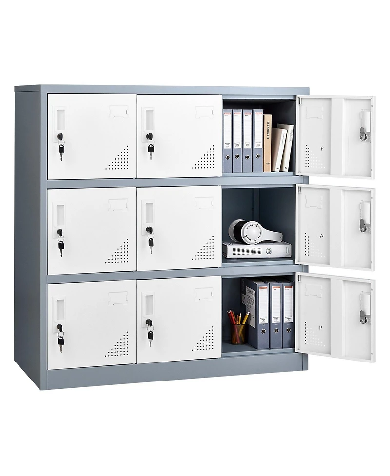Gouun 9 Doors Metal Locker, Lockable Steel Storage Cabinet, 66 lbs Loading Capacity, 2 Keys for Each Door, 3 Tiers Employee Lockers for Office, School