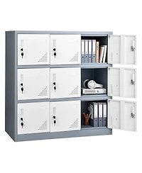 Gouun 9 Doors Metal Locker, Lockable Steel Storage Cabinet, 66 lbs Loading Capacity, 2 Keys for Each Door, 3 Tiers Employee Lockers for Office, School