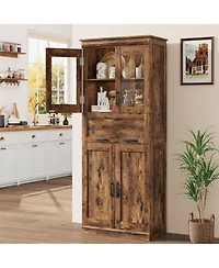 homfan 67" Tall Bathroom Storage Cabinet with 4 Doors, Flip Glass Drawer, Adjustable Shelves, Freestanding Organizer