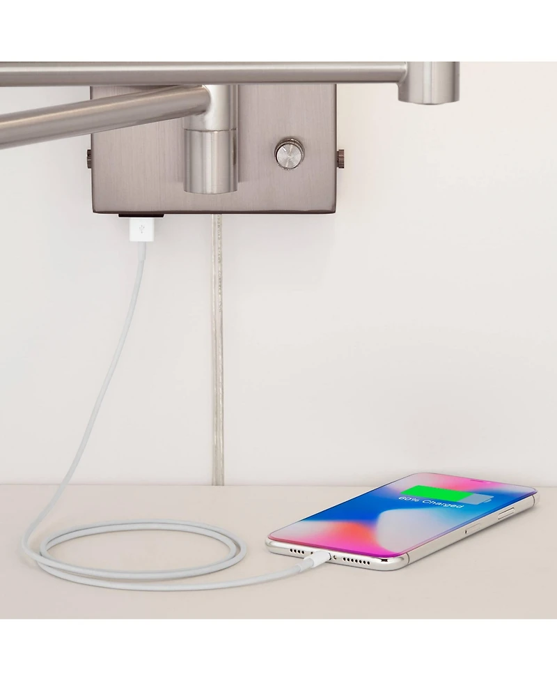 360 Lighting Vero Modern Swing Arm Wall Lamps Set of 2 Brushed Nickel Plug-in Light Fixture with Usb Charging Port for Bedroom Bedside