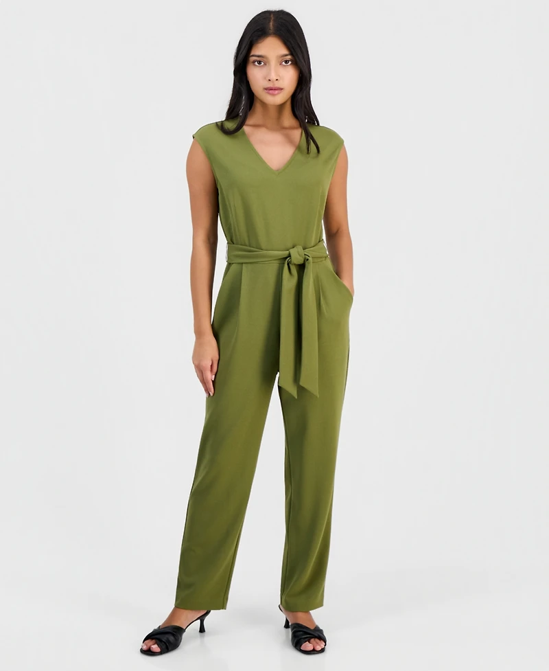 Anne Klein Essentials Petite Belted V-Neck Jumpsuit