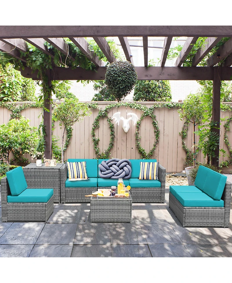 Gymax 8 Piece Rattan Outdoor Patio Sofa Sectional Conversation Furniture Set w/ Cushions and Coffee Table