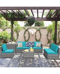 Gymax 8 Piece Rattan Outdoor Patio Sofa Sectional Conversation Furniture Set w/ Cushions and Coffee Table