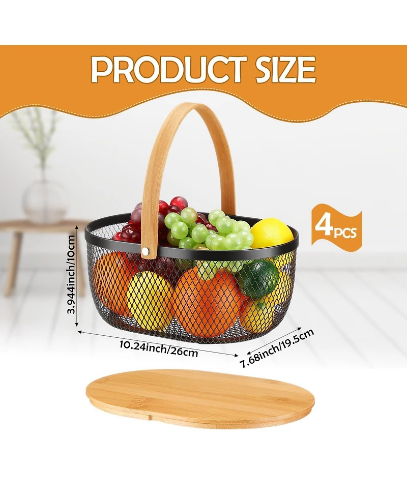 Yigii 4 Stackable Metal Mesh Fruit Baskets With Lids Oval Wire Storage Handles Pantry Organizer For Kitchen Vegetables