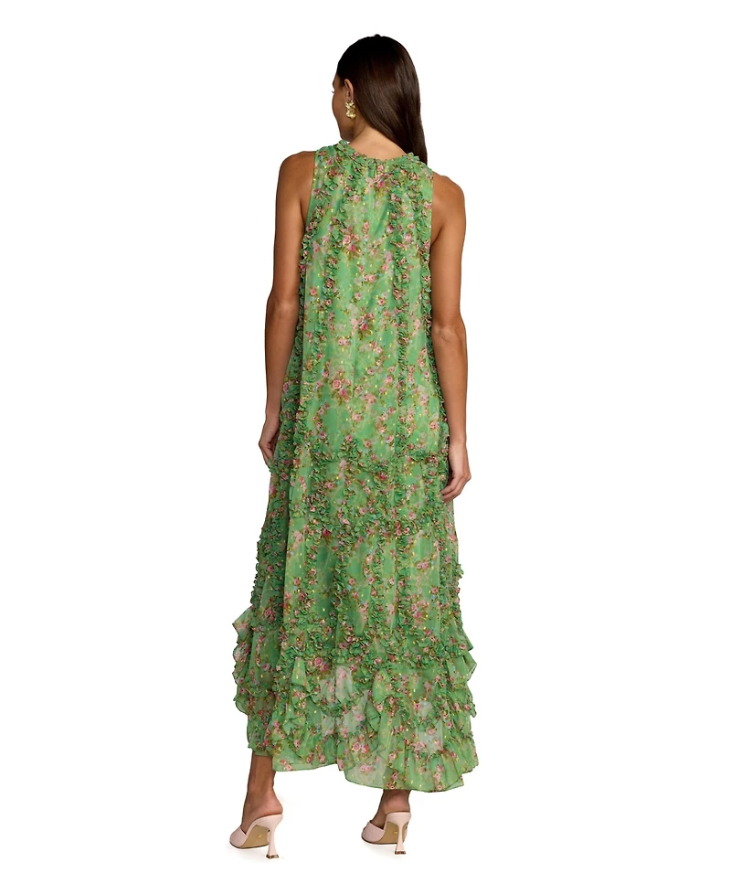 Mac Duggal Women's Sleeveless Floral Chiffon Midi Dress with Ruffles