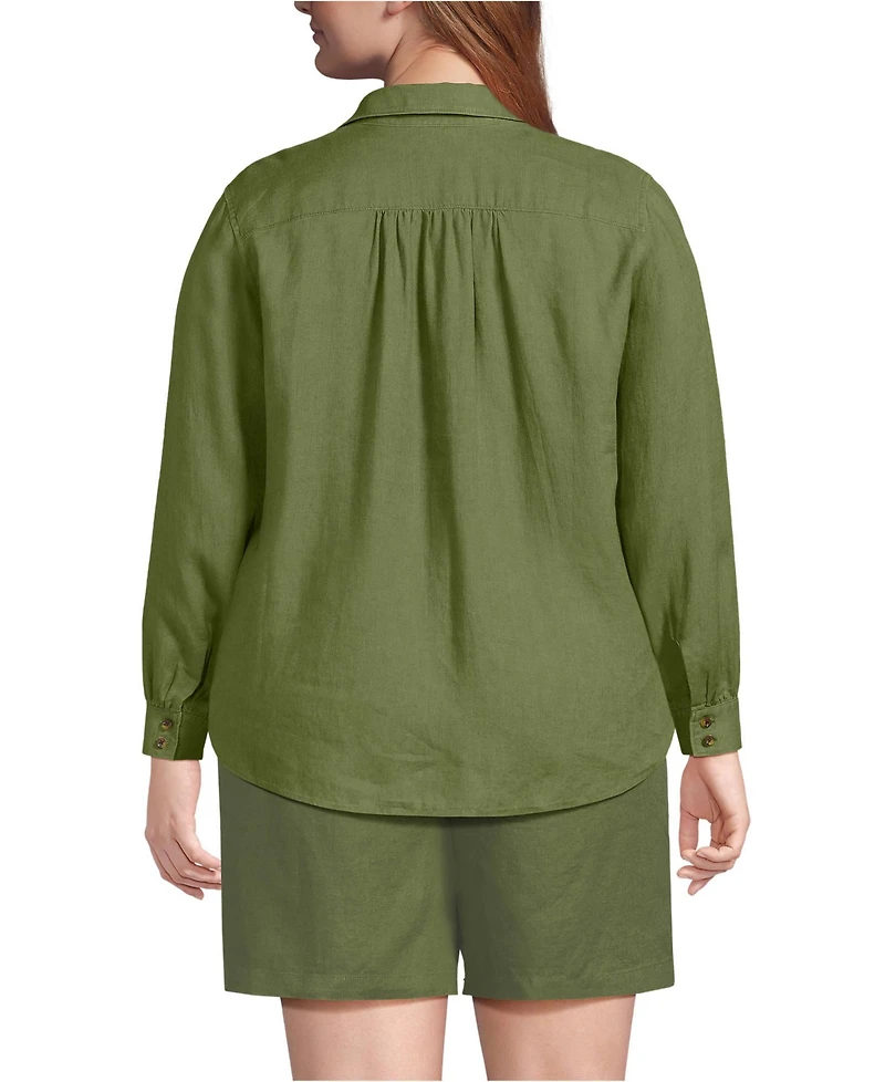 Lands' End Plus Linen Long Sleeve Feminine Shirt