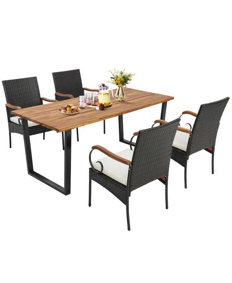 Gouun 5-Piece Patio Rattan Dining Set with Acacia Wood Table and Umbrella Hole for 4