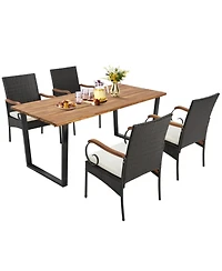 Gouun 5-Piece Patio Rattan Dining Set with Acacia Wood Table and Umbrella Hole for 4