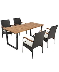 Gouun 5-Piece Patio Rattan Dining Set with Acacia Wood Table and Umbrella Hole for 4