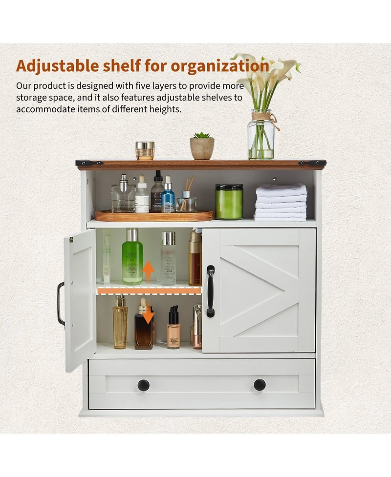 homfan Wall Mounted Bathroom Cabinet with Barn Doors - Medicine Cabinet Over Toilet, Adjustable Shelf and Drawer