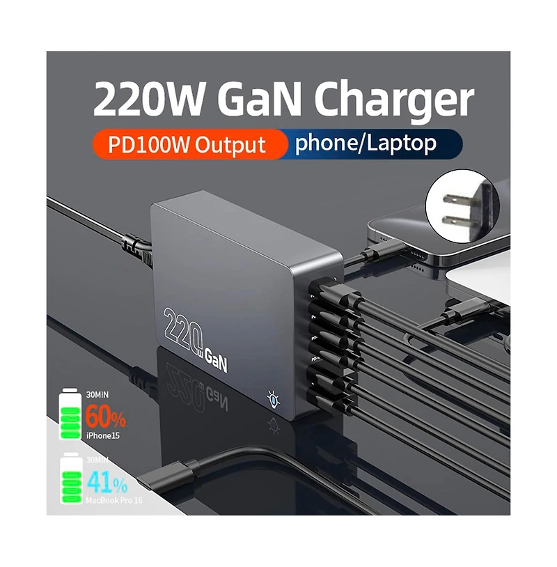 Artudatech 6-Port GaN Desktop Charging Station - 220W Fast Charger with Pd & Qc