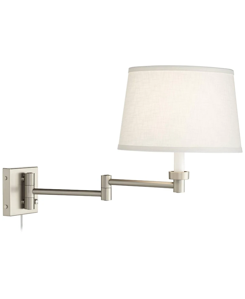 Possini Euro Design Modern Swing Arm Wall Lamps Set of 2 Brushed Nickel Plug-In Light Fixture White Drum Shade for Bedroom Bedside