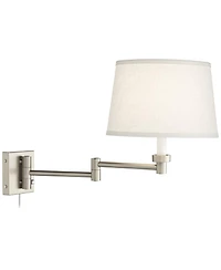 Possini Euro Design Modern Swing Arm Wall Lamps Set of 2 Brushed Nickel Plug-In Light Fixture White Drum Shade for Bedroom Bedside