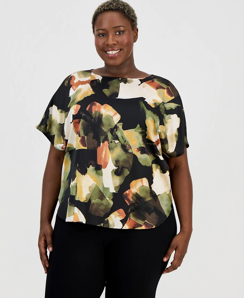 Anne Klein Plus Printed Boat-Neck Short-Sleeve Top