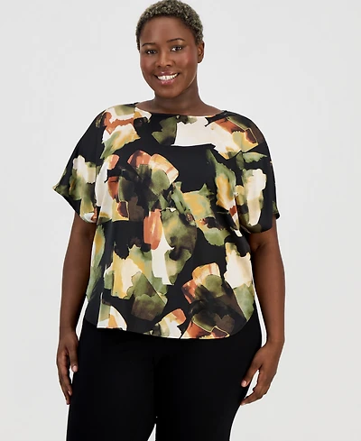 Anne Klein Plus Printed Boat-Neck Short-Sleeve Top
