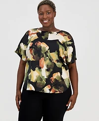 Anne Klein Plus Printed Boat-Neck Short-Sleeve Top