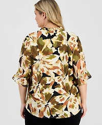 Anne Klein Plus Elbow-Sleeve Tie-Neck Peasant Top