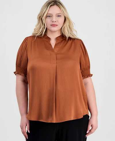 Anne Klein Plus Y-Neck Short Puff Sleeve Blouse