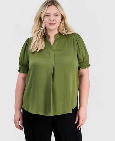 Anne Klein Plus Y-Neck Short Puff Sleeve Blouse