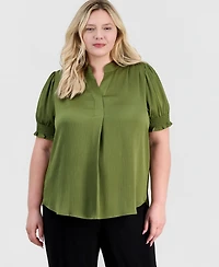 Anne Klein Plus Y-Neck Short Puff Sleeve Blouse