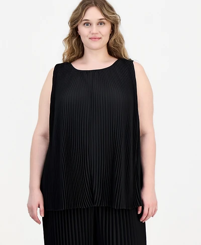 Anne Klein Plus Round-Neck Sleeveless Pleated Top