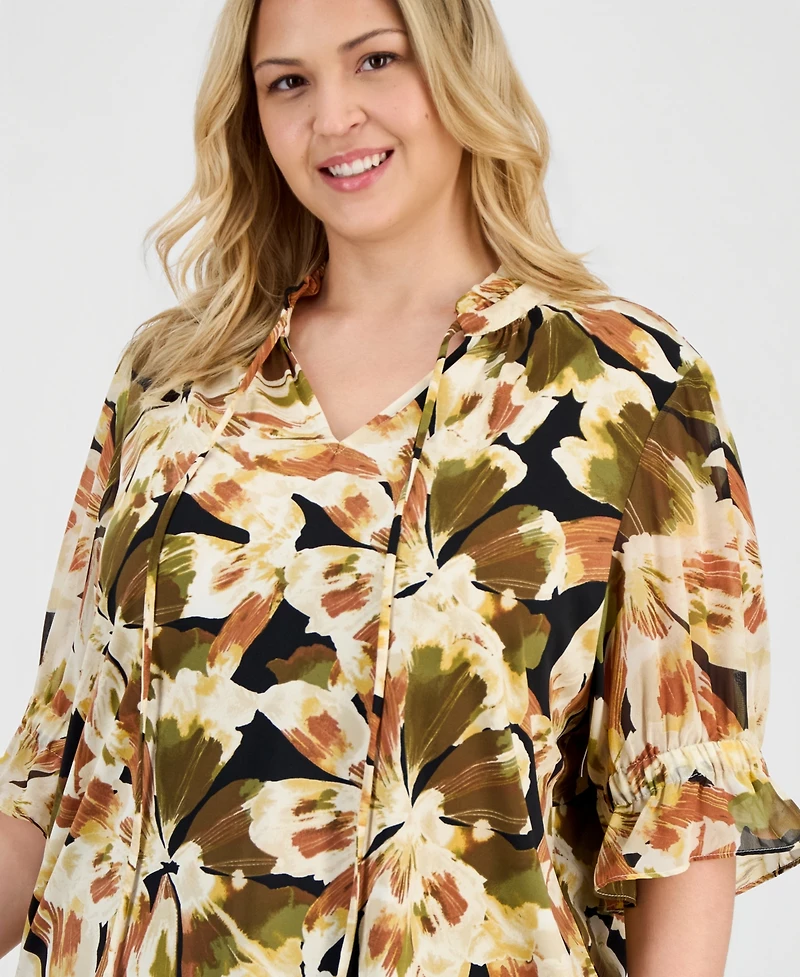 Anne Klein Plus Elbow-Sleeve Tie-Neck Peasant Top