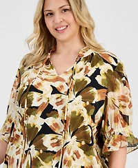 Anne Klein Plus Elbow-Sleeve Tie-Neck Peasant Top