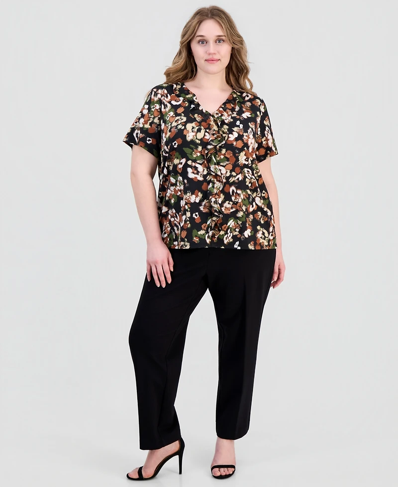Anne Klein Essentials Plus Printed Ruffled V-Neck Top