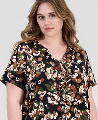 Anne Klein Essentials Plus Printed Ruffled V-Neck Top