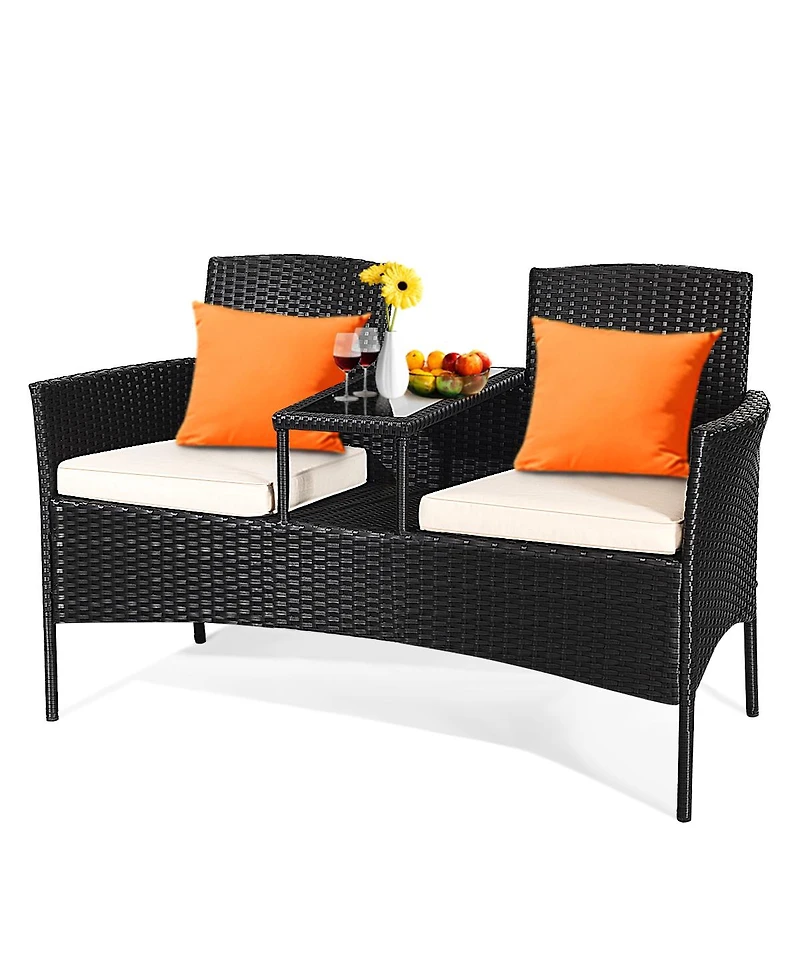 Gymax Cushioned Patio Rattan Seat Loveseat Sofa Table Chairs