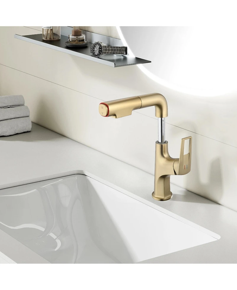 Busdays Single Hole Brushed Gold Vessel Bathroom Faucet Pull Down with Lift Spout Dual Spray Modes for Sink