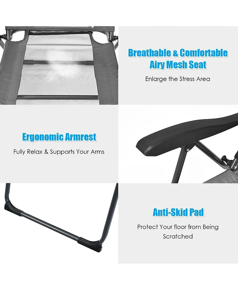 Gymax 4PC Folding Chairs Adjustable Reclining Chairs with Headrest Patio Garden Grey