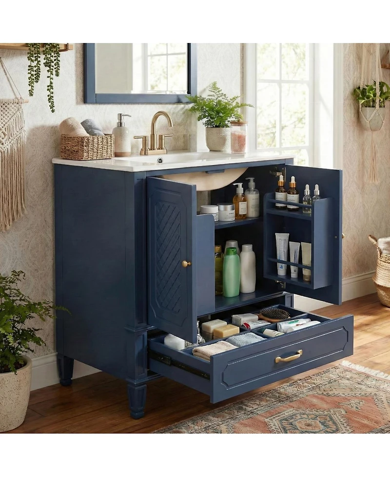 Sillysis 30 Inch Bathroom Vanity with Sink, Acacia Wood Freestanding Cabinet, Soft Closing Door, Ceramic Top, Drawer Storage