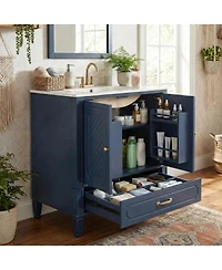 Sillysis 30 Inch Bathroom Vanity with Sink, Acacia Wood Freestanding Cabinet, Soft Closing Door, Ceramic Top, Drawer Storage