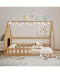 flynama Full Size Wood House Bed Window Fence