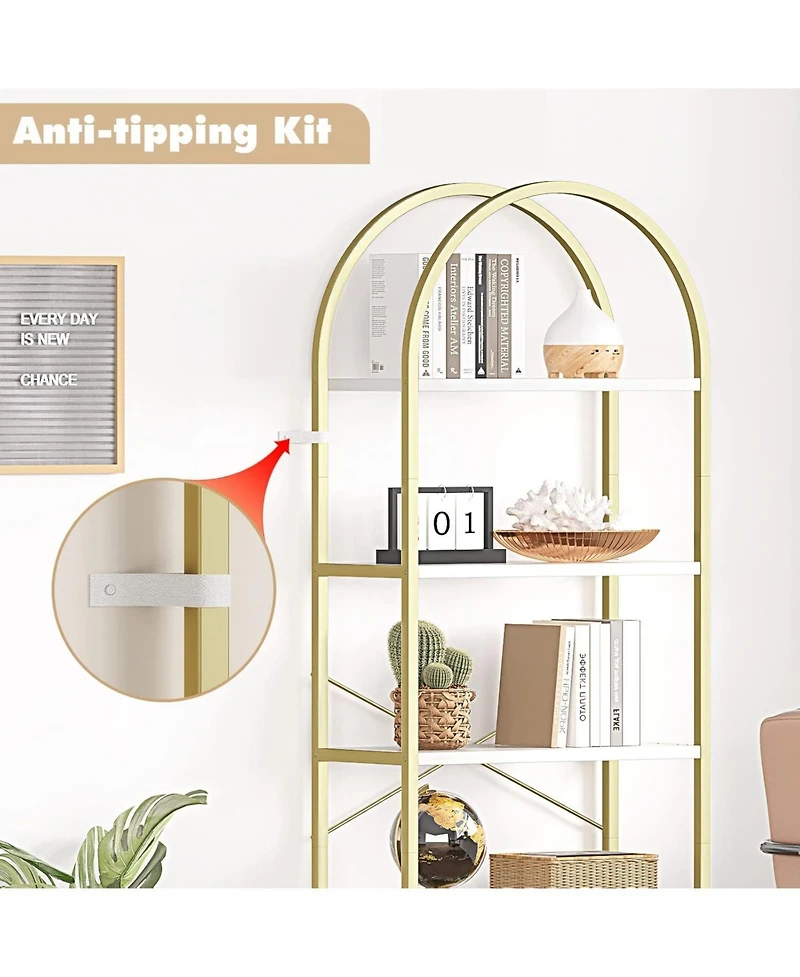 gaomon 5-Tier Arched Bookshelf, Gold and White Marble Effect Tall Bookcase with Metal Frame