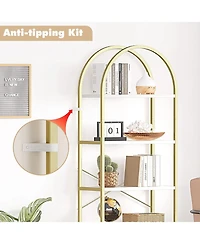 gaomon 5-Tier Arched Bookshelf, Gold and White Marble Effect Tall Bookcase with Metal Frame