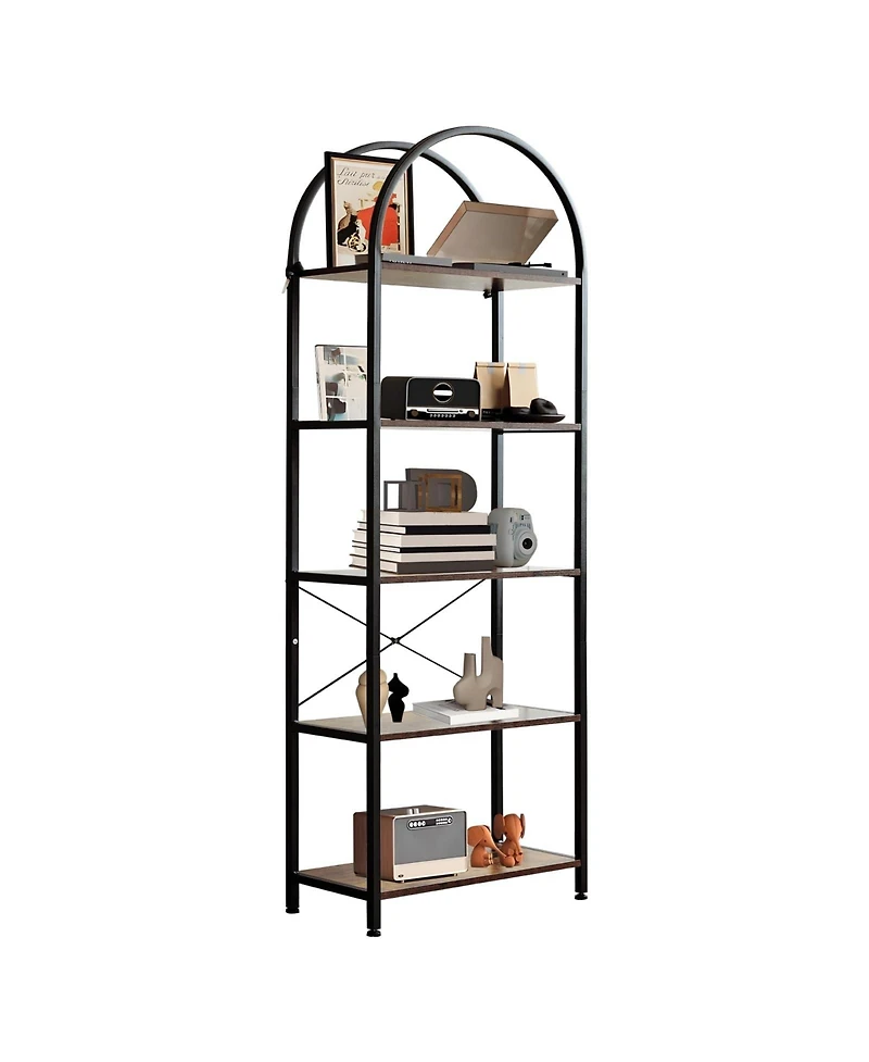 gaomon 5-Tier Modern Arched Bookshelf with Metal Frame, Tall Open Display Storage Rack