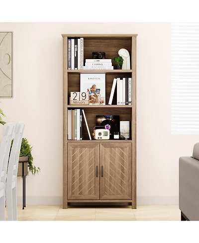 gaomon Farmhouse 5-Tier Wooden Bookshelf, Adjustable Storage Bookcase with Door
