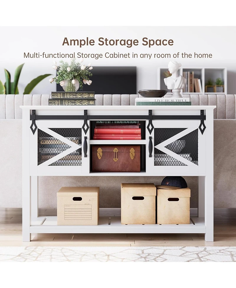 gaomon farmhouse entryway table with sliding barn doors, rustic industrial console with storage and open shelf for hallway or living room.