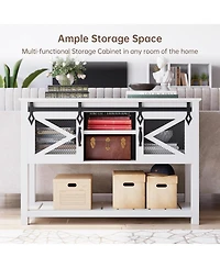 gaomon farmhouse entryway table with sliding barn doors, rustic industrial console with storage and open shelf for hallway or living room.