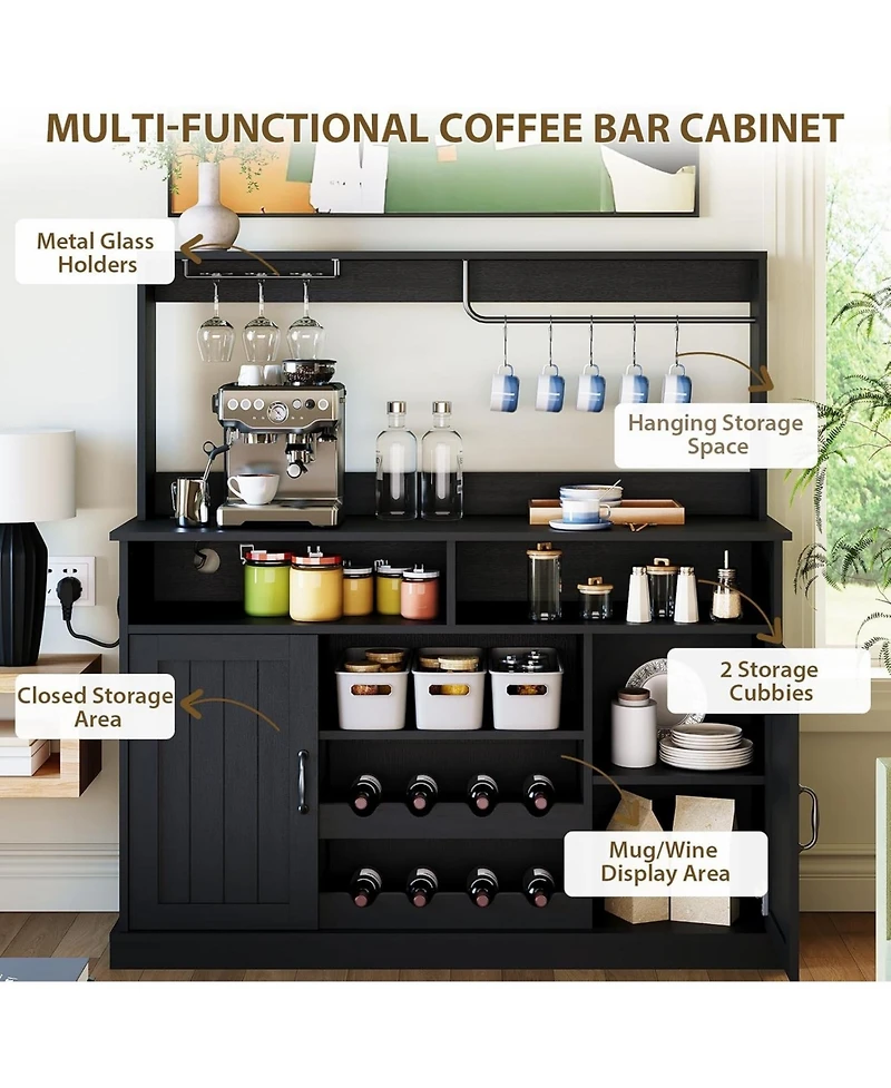 gaomon 47 Coffee Bar Cabinet with 5 Hooks, Buffet Power Outlets, Goblet Holder, Sideboard Wine Rack Hutch Storage