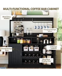 gaomon 47 Coffee Bar Cabinet with 5 Hooks, Buffet Power Outlets, Goblet Holder, Sideboard Wine Rack Hutch Storage