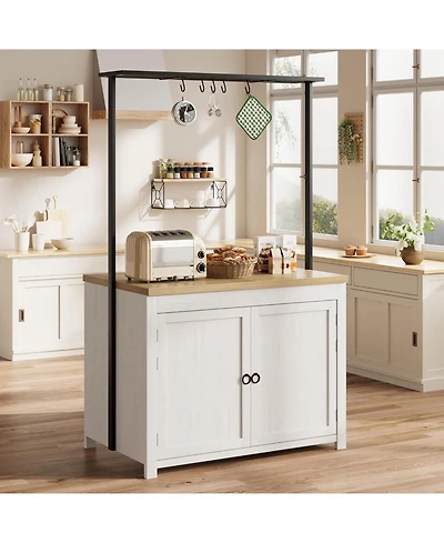 gaomon 42" Kitchen Island with Storage, 1.2" Countertop Heavy-Duty Multi-Functional Kitchen Cart with 2 Tier Shelves, 5 Hooks, Metal Coffee Bar Table